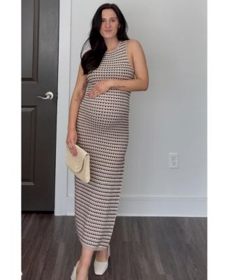 Maternity Beige Striped Knit Fitted Sleeveless Maxi Dress