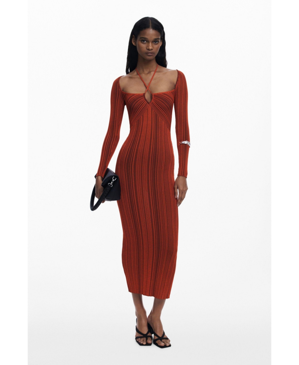 Desigual Variegated Rib Long Sleeve Knit Dress In Red