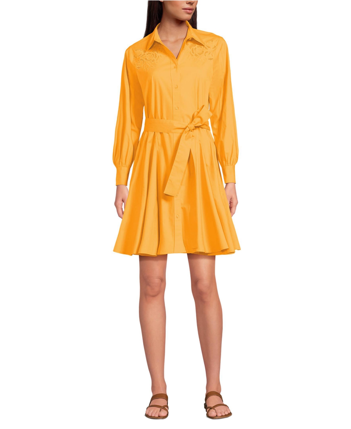 Women's Embroidered Poplin Button Front Dress with Godets - White