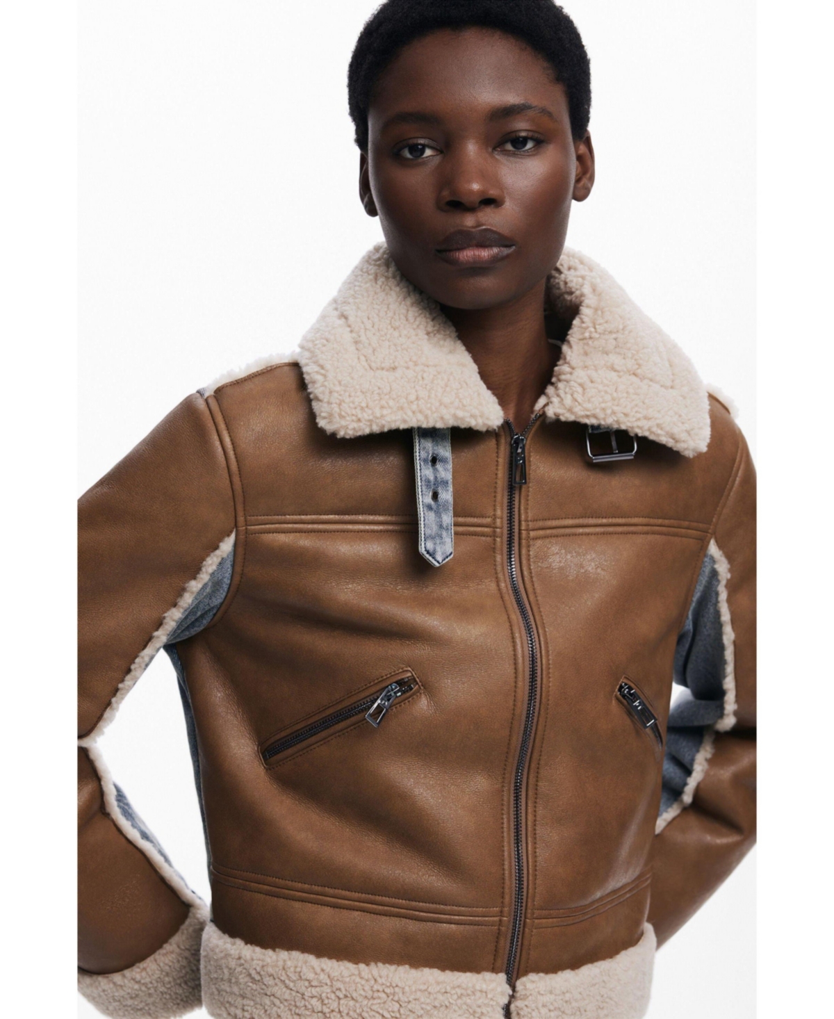 Desigual Mixed Media Faux Leather Jacket With Faux Shearling Trim In Brown