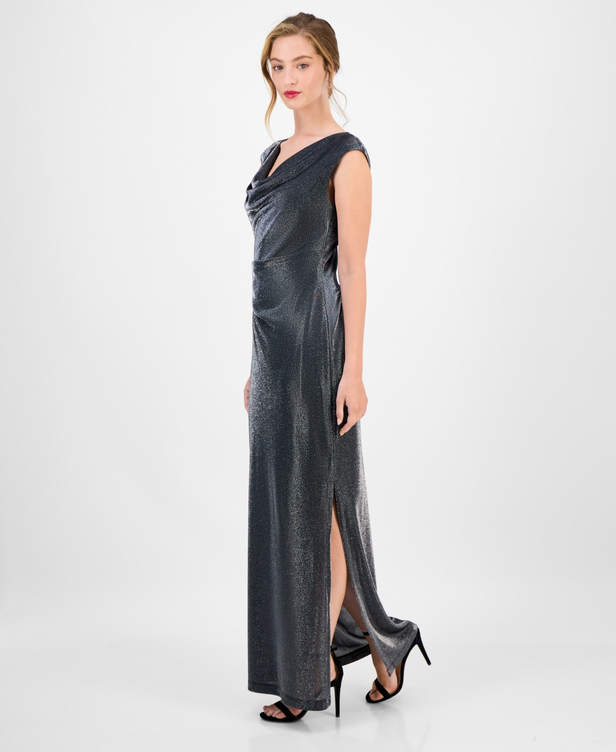 Connected Women's Knit Draped-Neck Metallic Gown