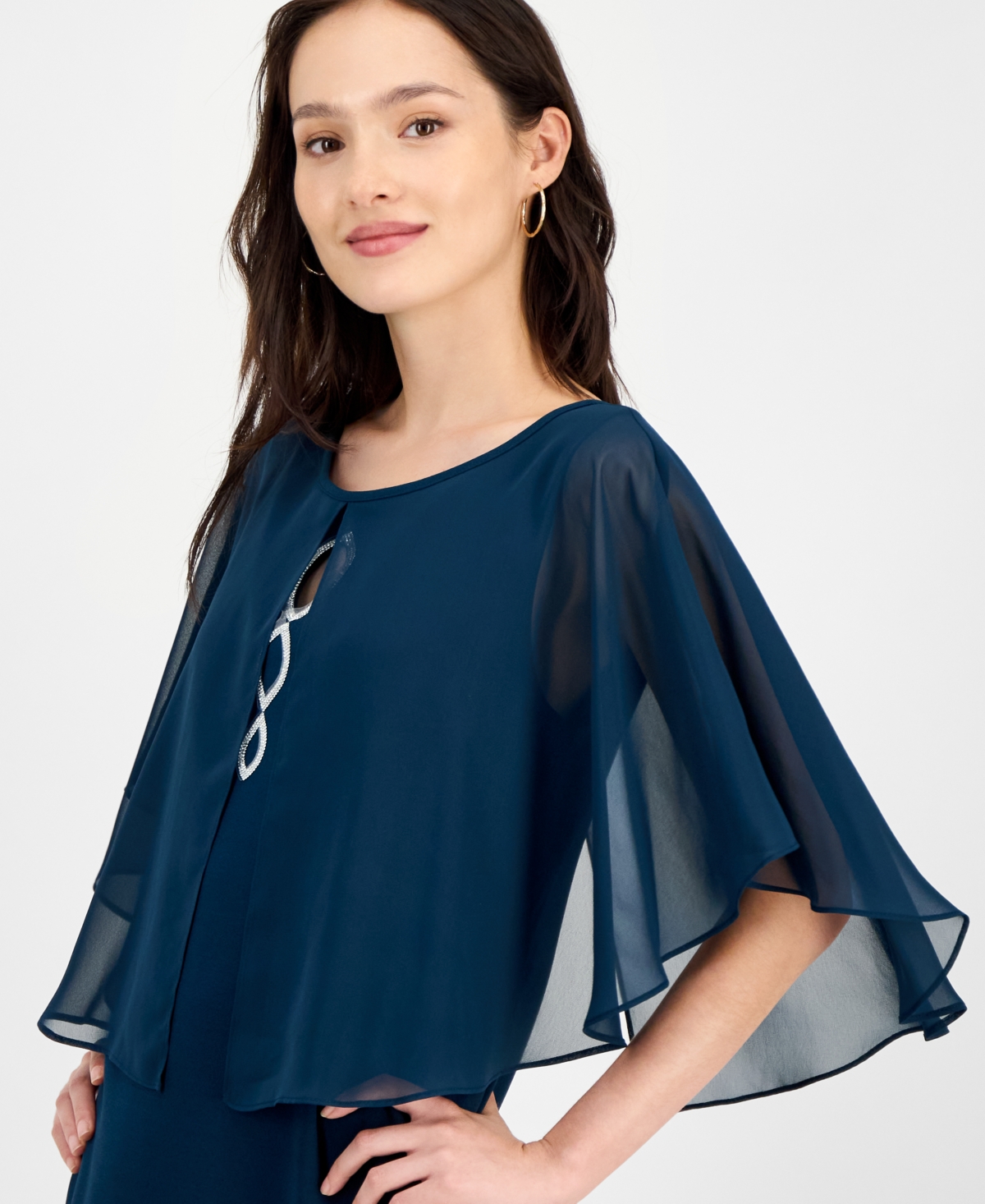 Connected Petite Cape Overlay Round Neck Dress In Blue