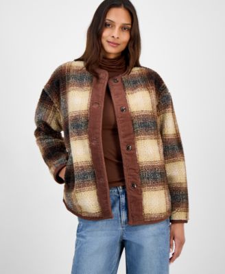 And Now This - Women's Plaid Sherpa Fleece Collarless Jacket
