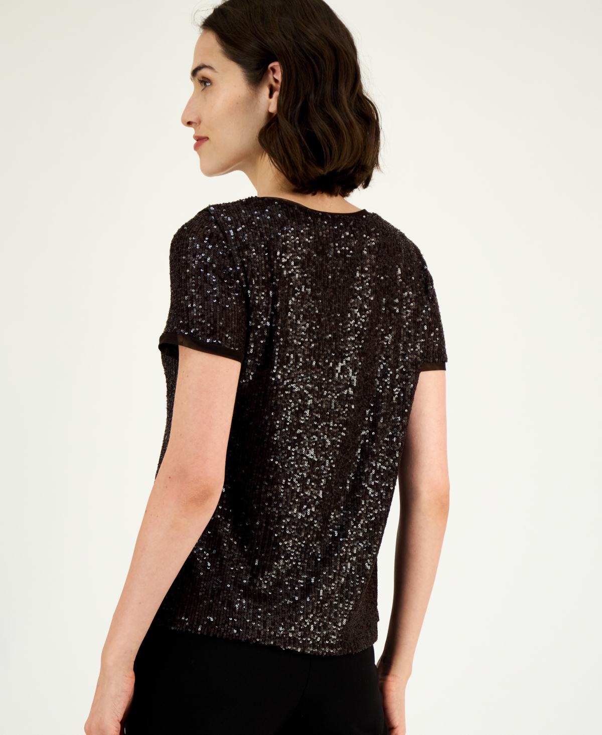 Anne Klein Short Sleeve Sequin Mesh Top In Black