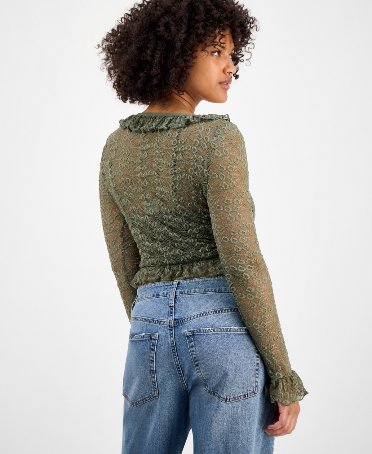 And Now This Women's Ruffle-trim Stretch-lace Crop Top, Macy's Exclusive In Green