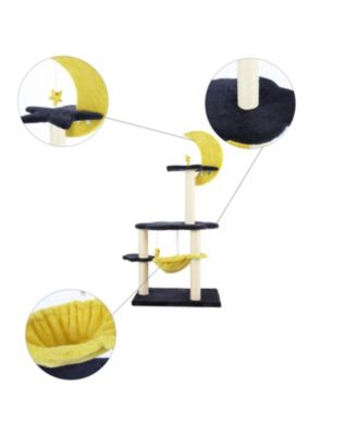 Aurora 49" 3-Tier Modern Sisal Moon And Stars Cat Tree with Scratching Posts, Basket, and Fuzzy Bell Toys, Navy/Yellow/White