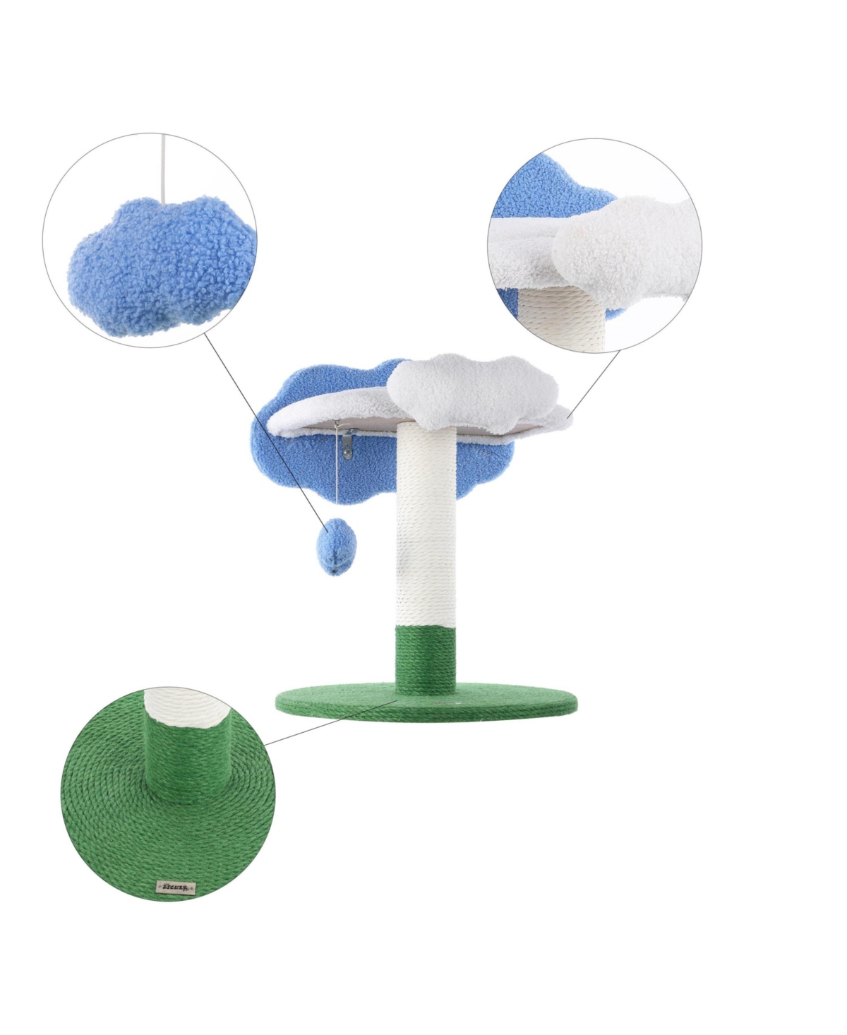 The Licker Store Sami 21.5" Modern Jute Cloud Cat Tree with Scratching Post, and Fuzzy Toy, White/Blue/Green