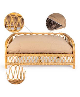 Elevated 27.5" x 17" Bohemian Handwoven Rattan Pet Daybed with Machine-Washable Cushion, Natural