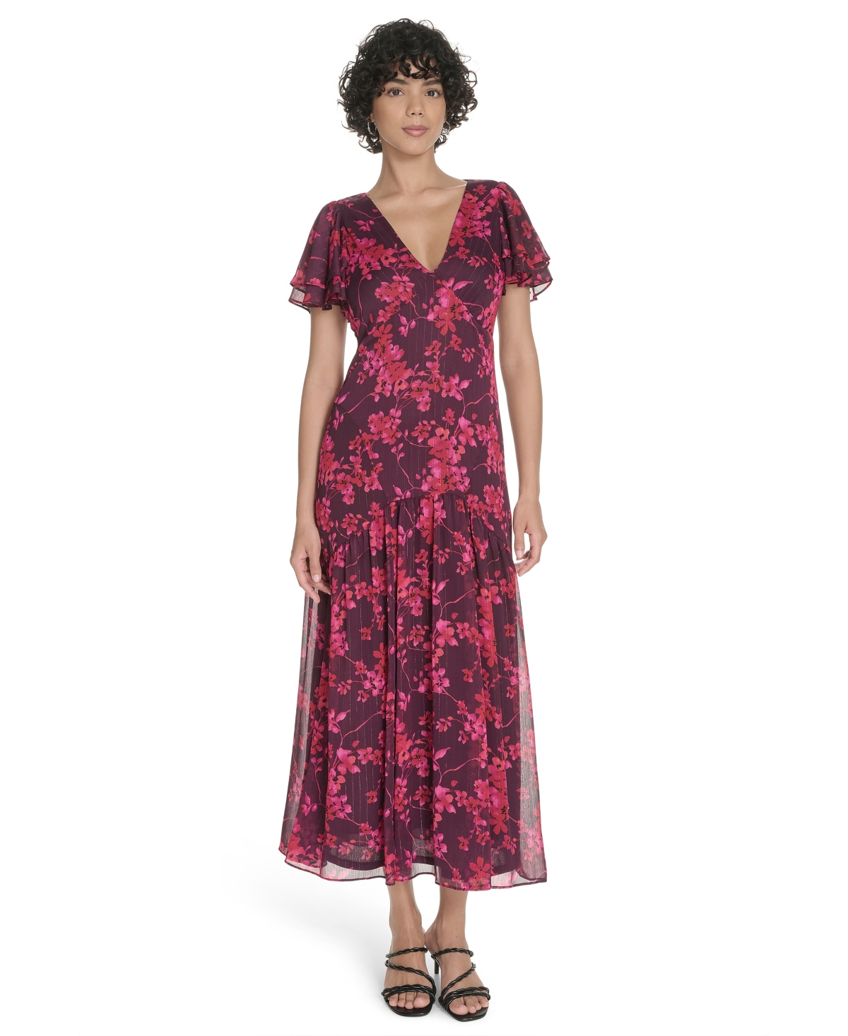 Tommy Hilfiger Women's Flutter Sleeve V-neck Dress In Purple