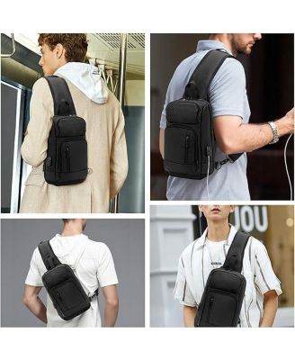 14 inch Sling Bag for Men,Black Crossbody Bag with USB Charging Port Fits 10.2inch iPad, Casual