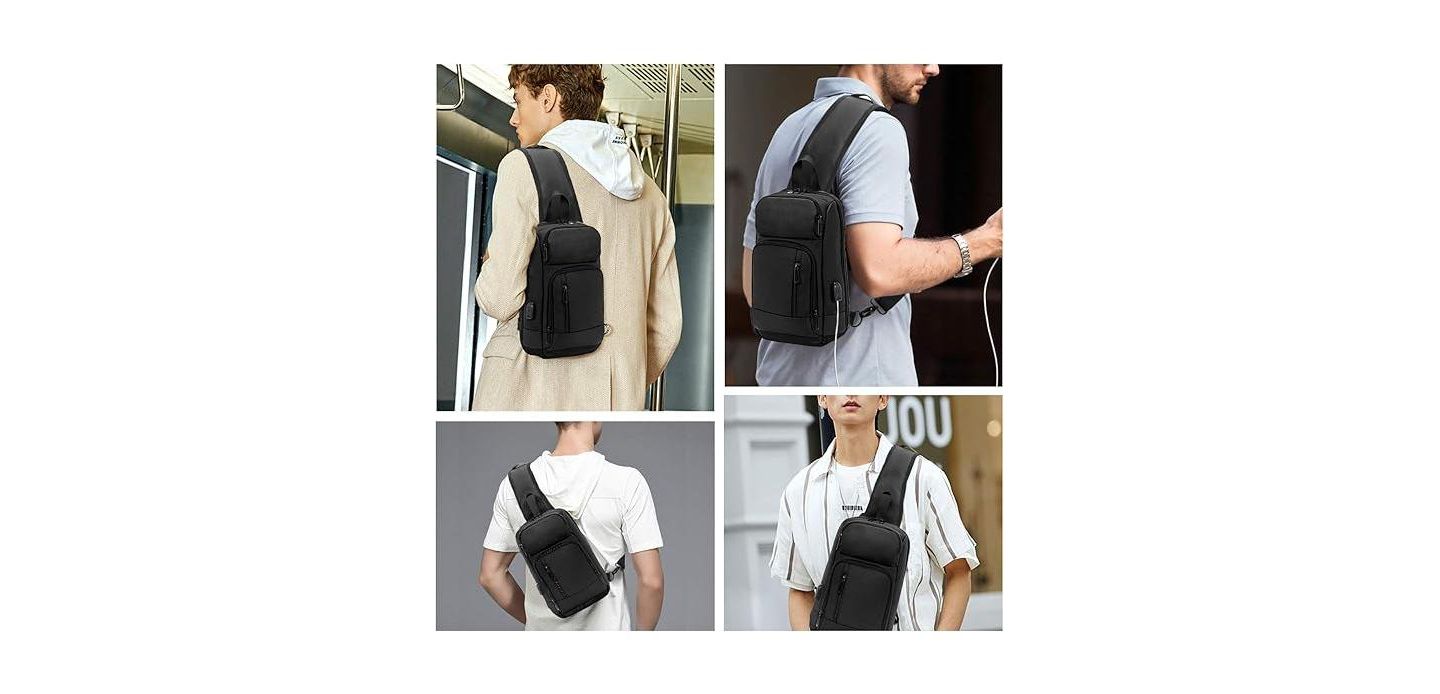 Мужская сумка Wosofe 14 inch Sling Bag for Men, Black Crossbody Bag with USB Charging Port Fits 10.2inch iPad, Casual, цвет: Чёрный — фото 6