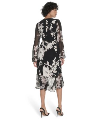 Petite Long-Sleeve Chiffon Combo Midi Dress