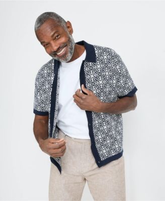 Men's Short Sleeve Tile Jacquard Button Down Sweater Polo