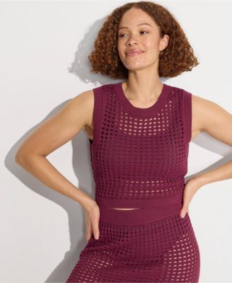 Women's Cotton Viscose Open Knit Sleeveless Scoop Neck Top Cover Up