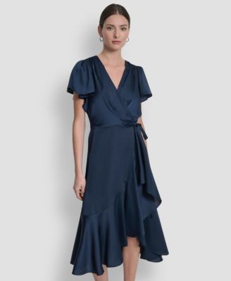 Women's Short Sleeve Faux Wrap Midi Dress