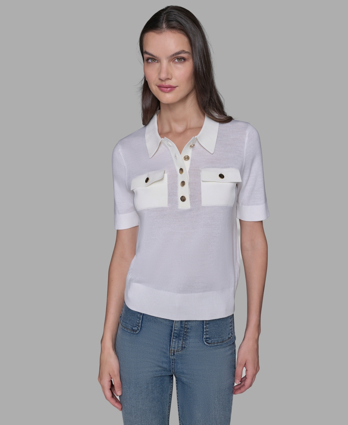Karl Lagerfeld Women's Short-sleeve Button-front Sweater In White