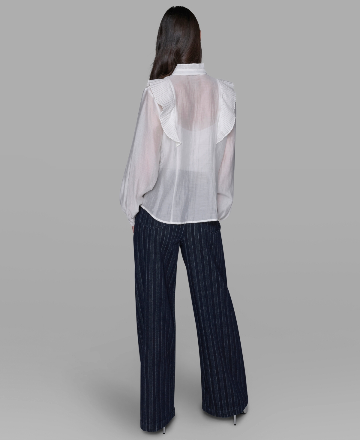 Karl Lagerfeld Women's Ruffle Button Woven Collar Neck Top In White