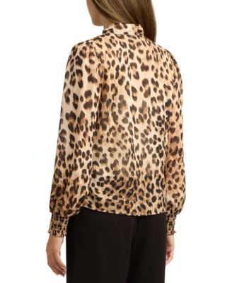 Juniors Printed Tie-Neck Long-Sleeve Blouse