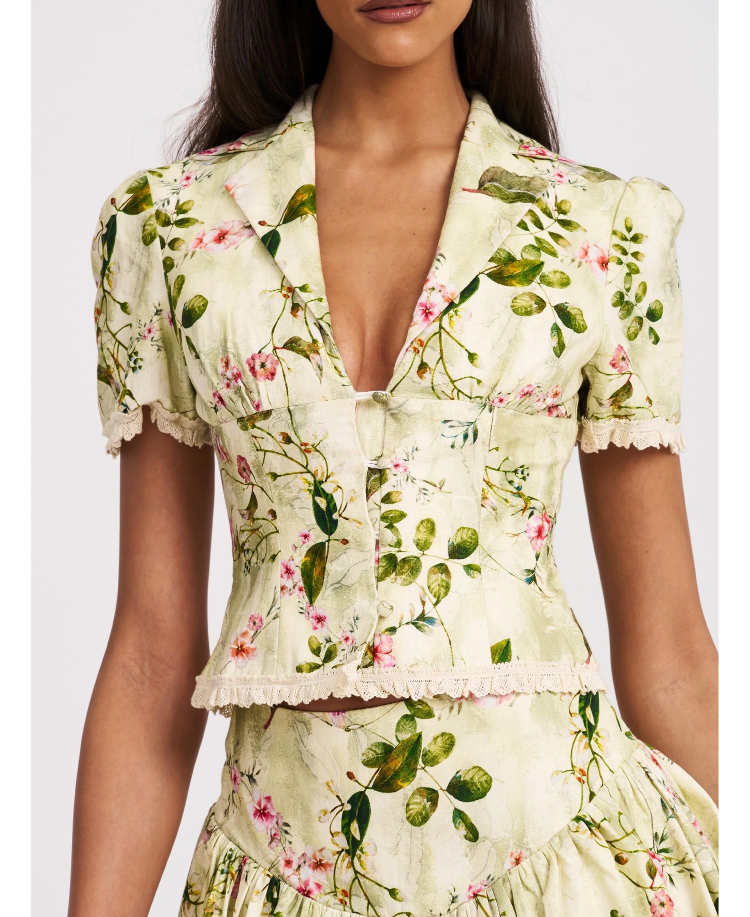 Women Zanella Green Floral Print Lace Trim Linen Top