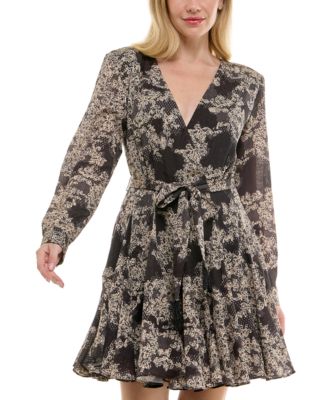 Women's Long-Sleeve Jacquard A-Line Wrap Dress