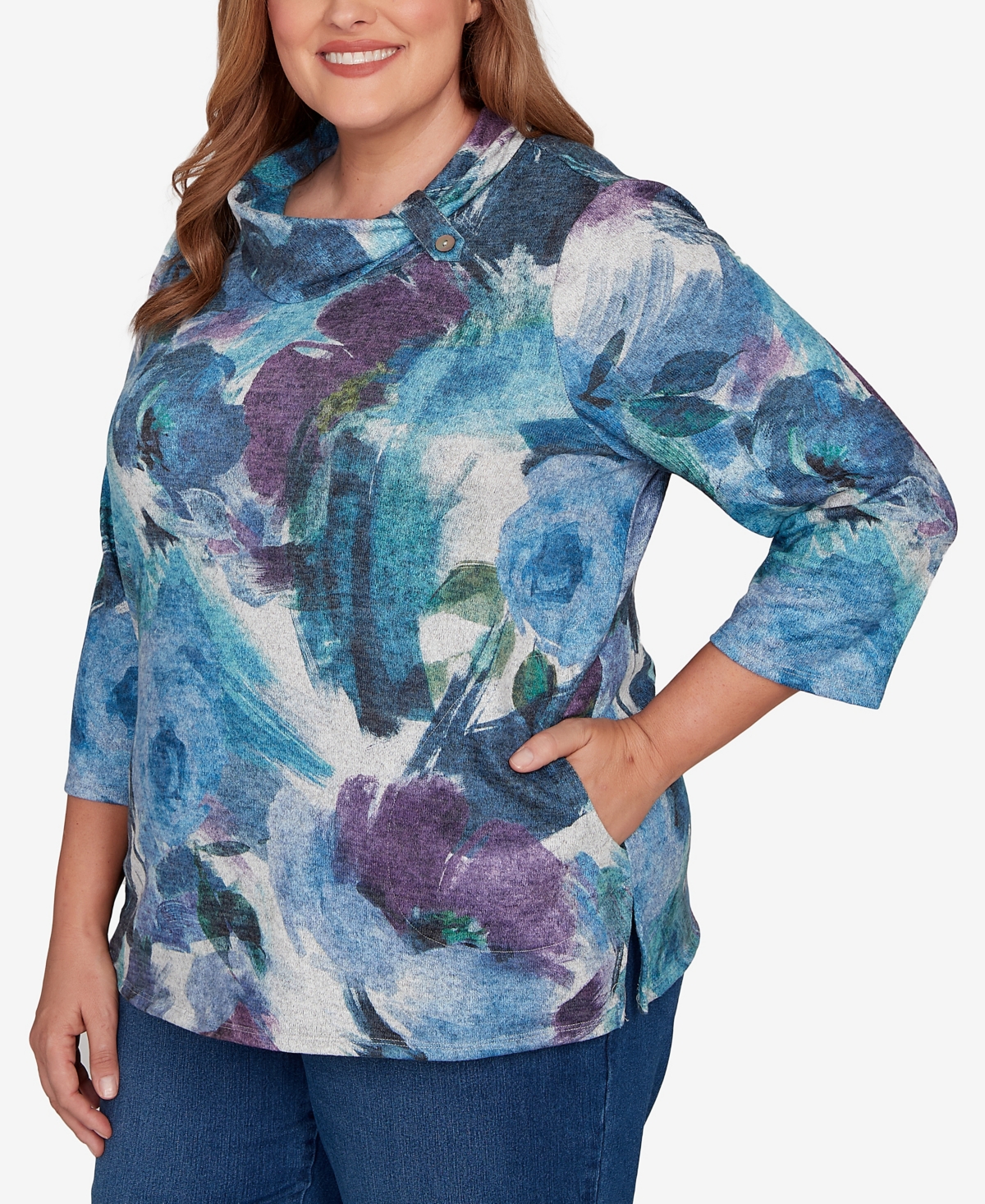 Alfred Dunner Plus Size Classic Floral Brushstroke Mock Neck Top In Multi