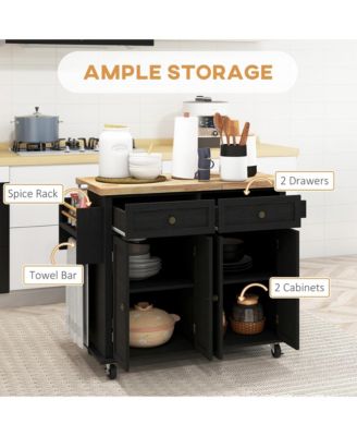Black Kitchen Island Cart: Rubberwood Top, Spice Rack