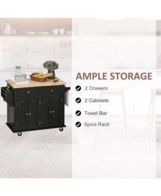 Black Kitchen Island: Cart with Varnished Rubberwood Top and Casters