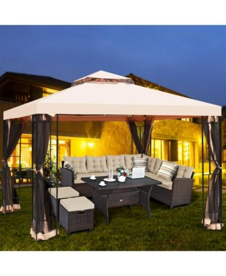 10x10ft Metal Gazebo W/ Mosquito Netting Canopy Gazebo 2 Tier Vented Gazebo Top