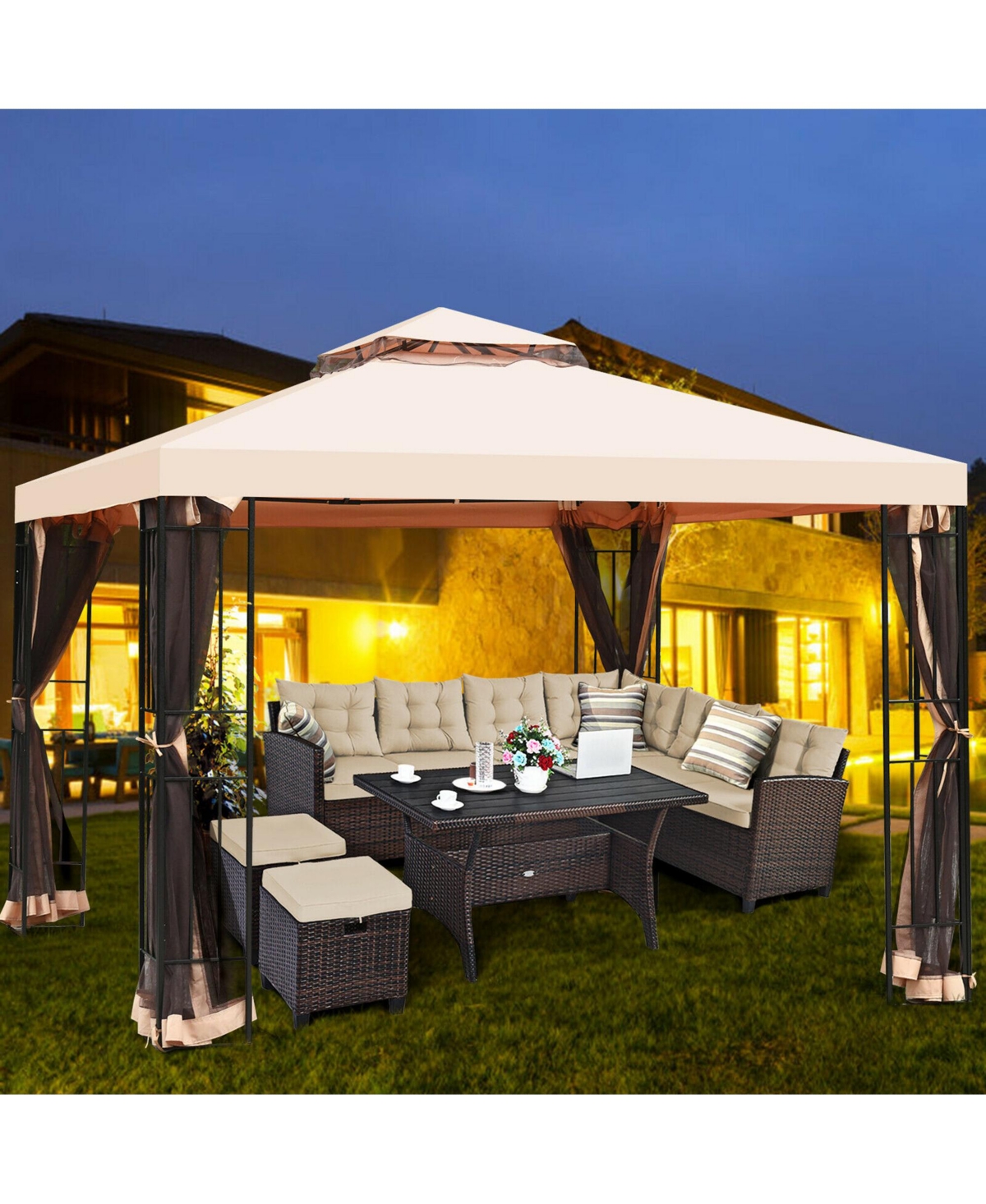 Gymax 10x10ft Metal Gazebo W/ Mosquito Netting Canopy Gazebo 2 Tier Vented Gazebo Top