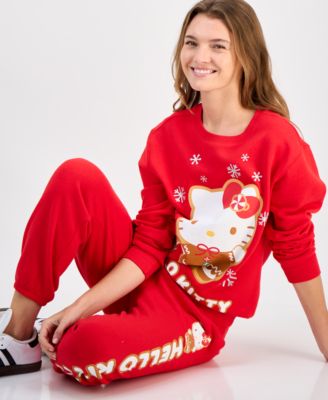 Love Tribe Hybrid Apparel Juniors Hello Kitty Holiday Graphic Sweatshirt Jogger Pants In Red