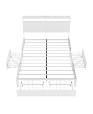 Modern Queen Size Bed Frame with 4 Storage Drawers & LED Headboard & Charging Station