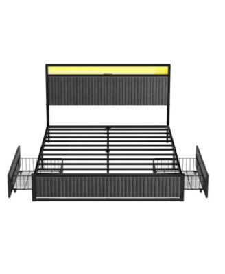 Upholstered Queen Bed Frame with 2 Storage Drawers, LED Headboard, USB Ports, Dark Gray
