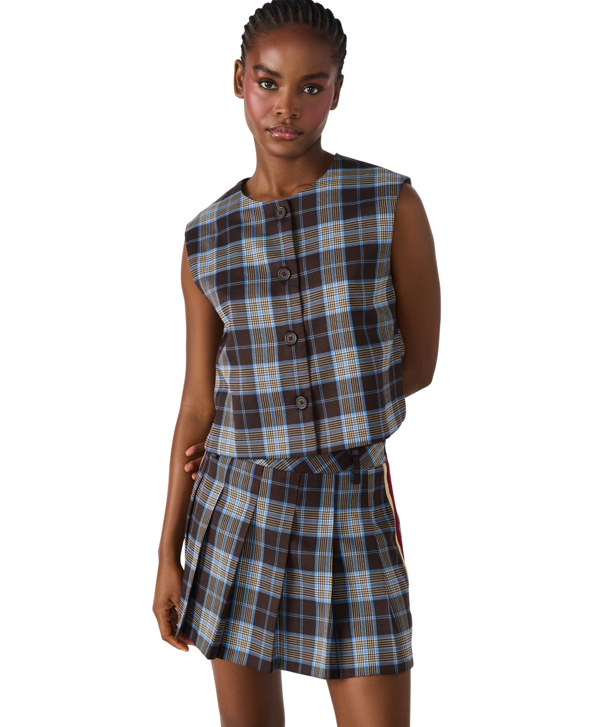 Steve Madden Alessa Sleeveless Plaid Shirt In Black
