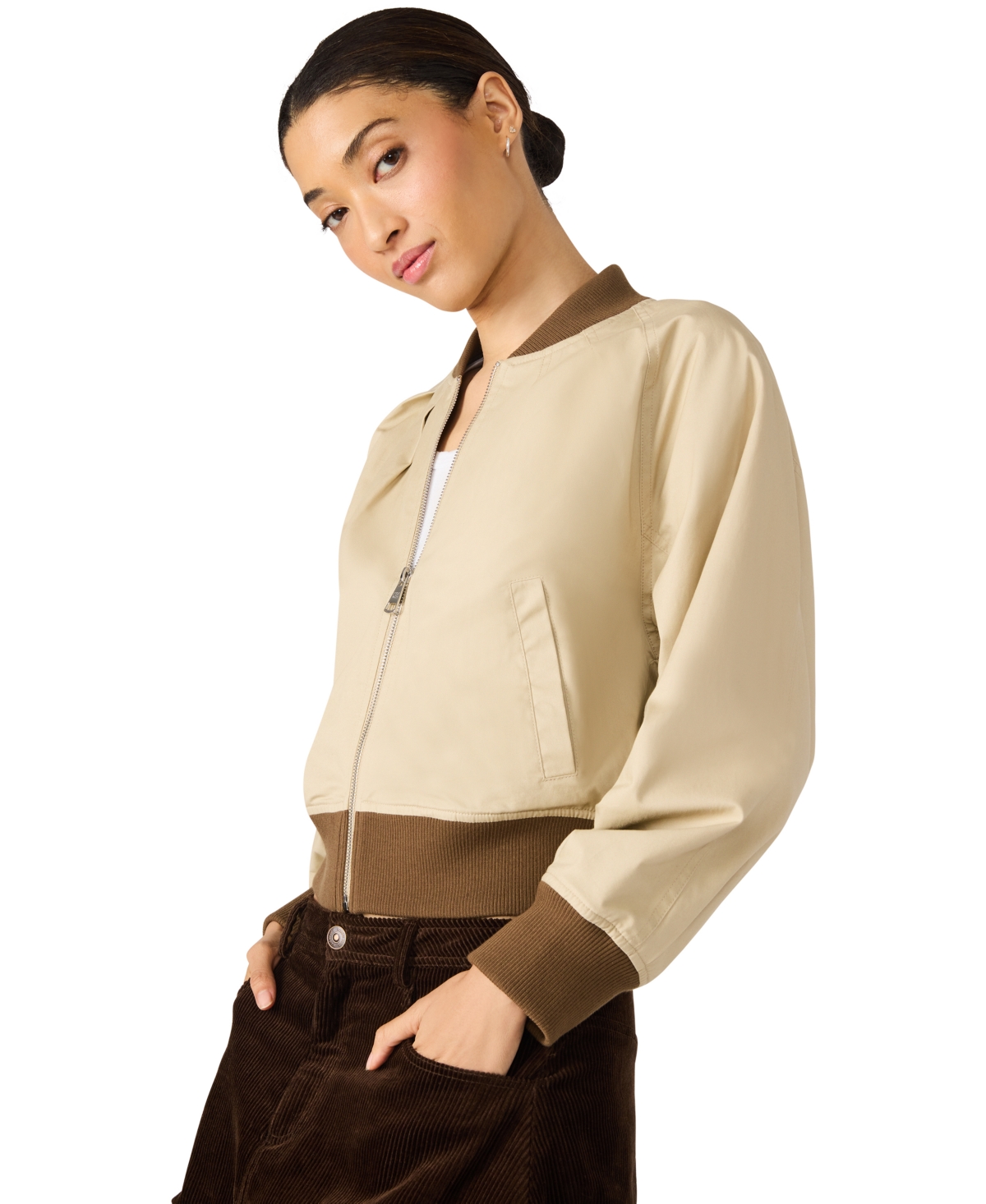 Steve Madden Bray Cotton Crop Bomber Jacket In Brown