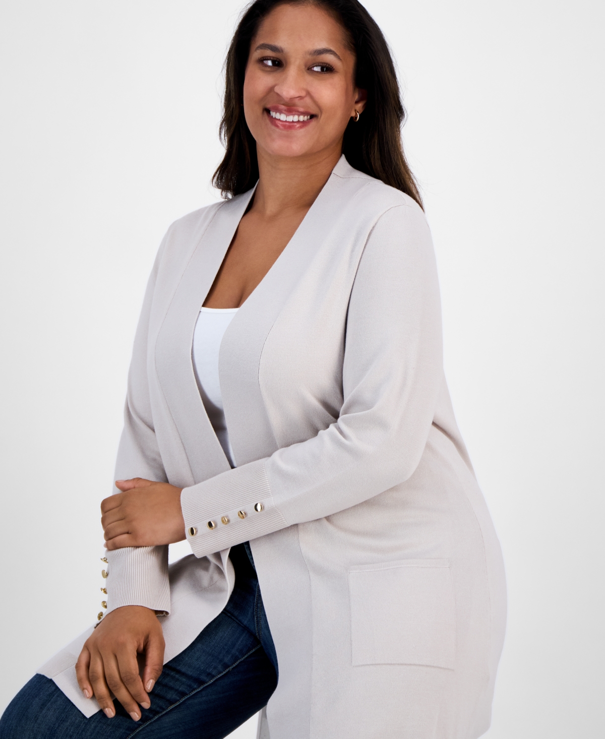 Jm Collection Plus Size Open-Front Long-Sleeve Cardigan, Exclusively at Macy's - Stonewall