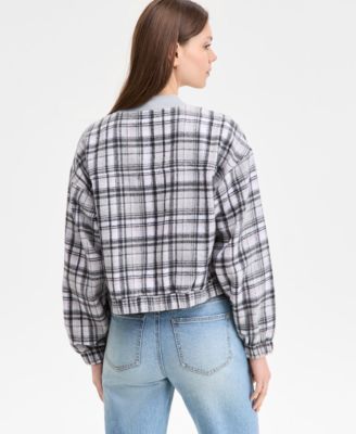 Juniors' Plaid-Print Bomber Jacket