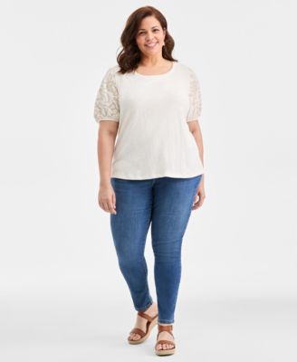 Plus Size Cotton Embroidered-Sleeve Top, Macy's Exclusive