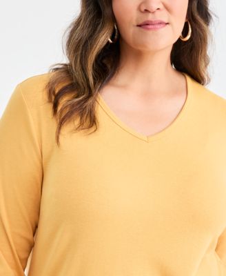 Plus Size Cotton V-Neck 3/4-Sleeve Top, Exclusively at Macy's 