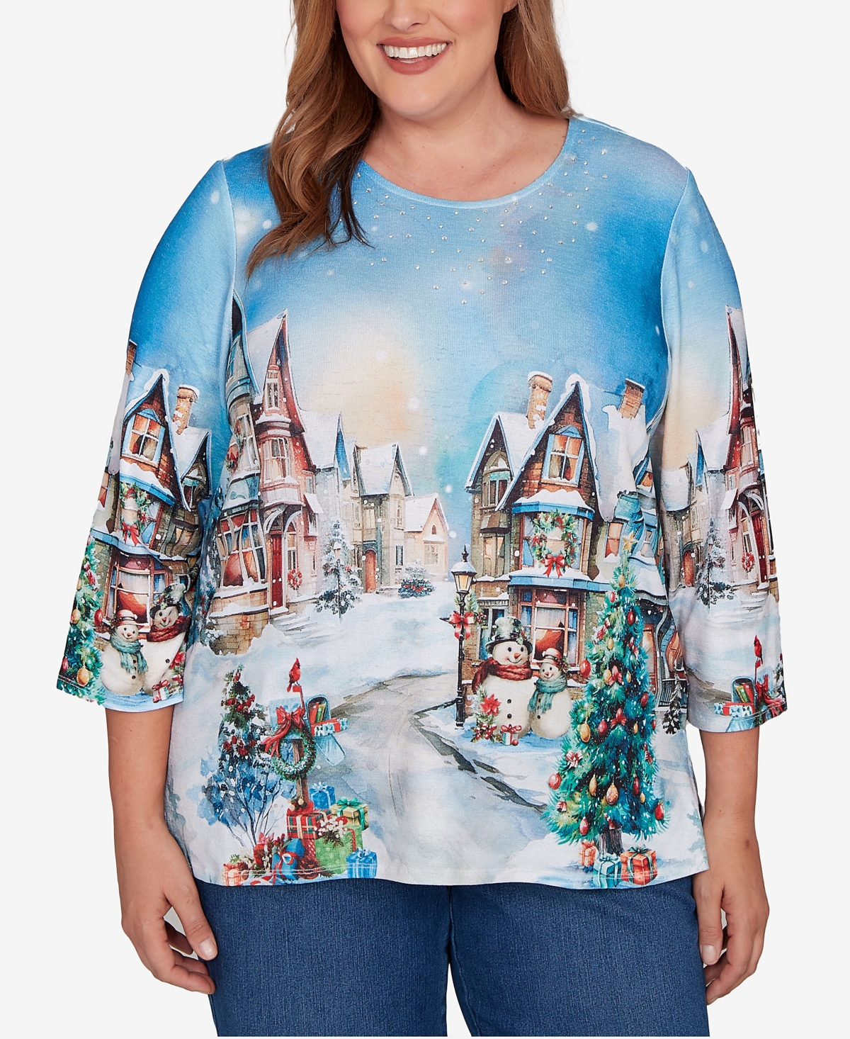 Alfred Dunner Plus Size Classic Embellished Snow Cabin Village Scene Crew Neck Top In Blue