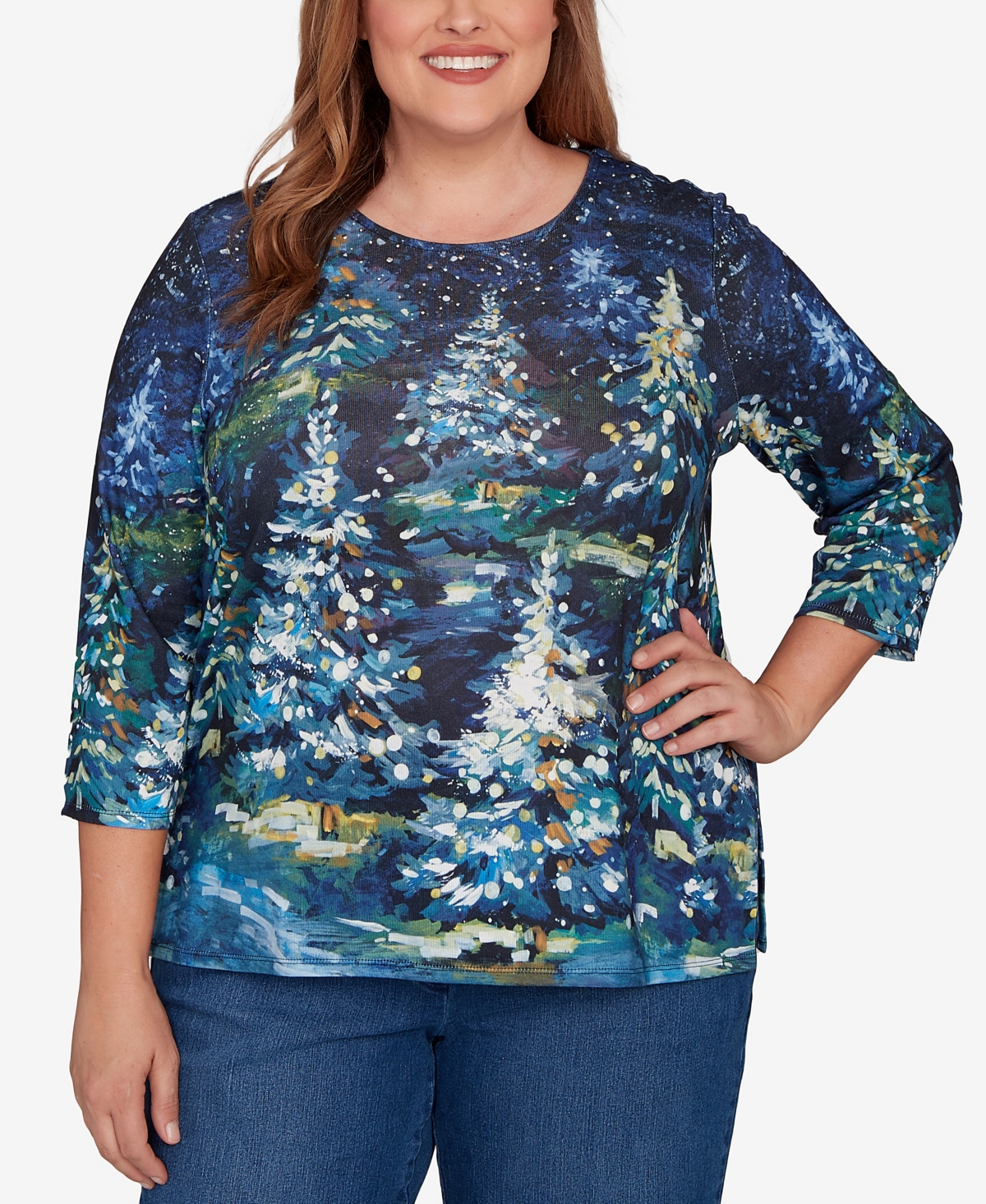 Alfred Dunner Plus Size Classic Starry Night Holiday Tree Crew Neck Top In Blue