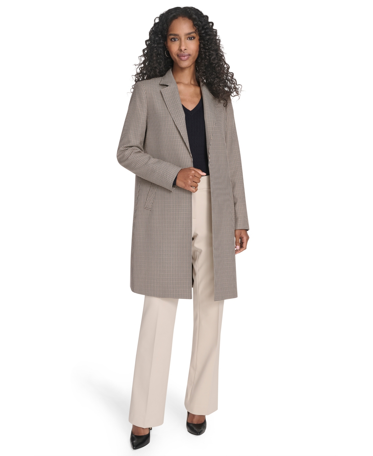 Tommy Hilfiger Women's Houndstooth Pattern Topper Long Jacket In Gray