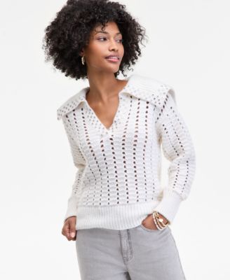 On 34th - Women's Embellished Sailor-Collar Open-Knit Sweater