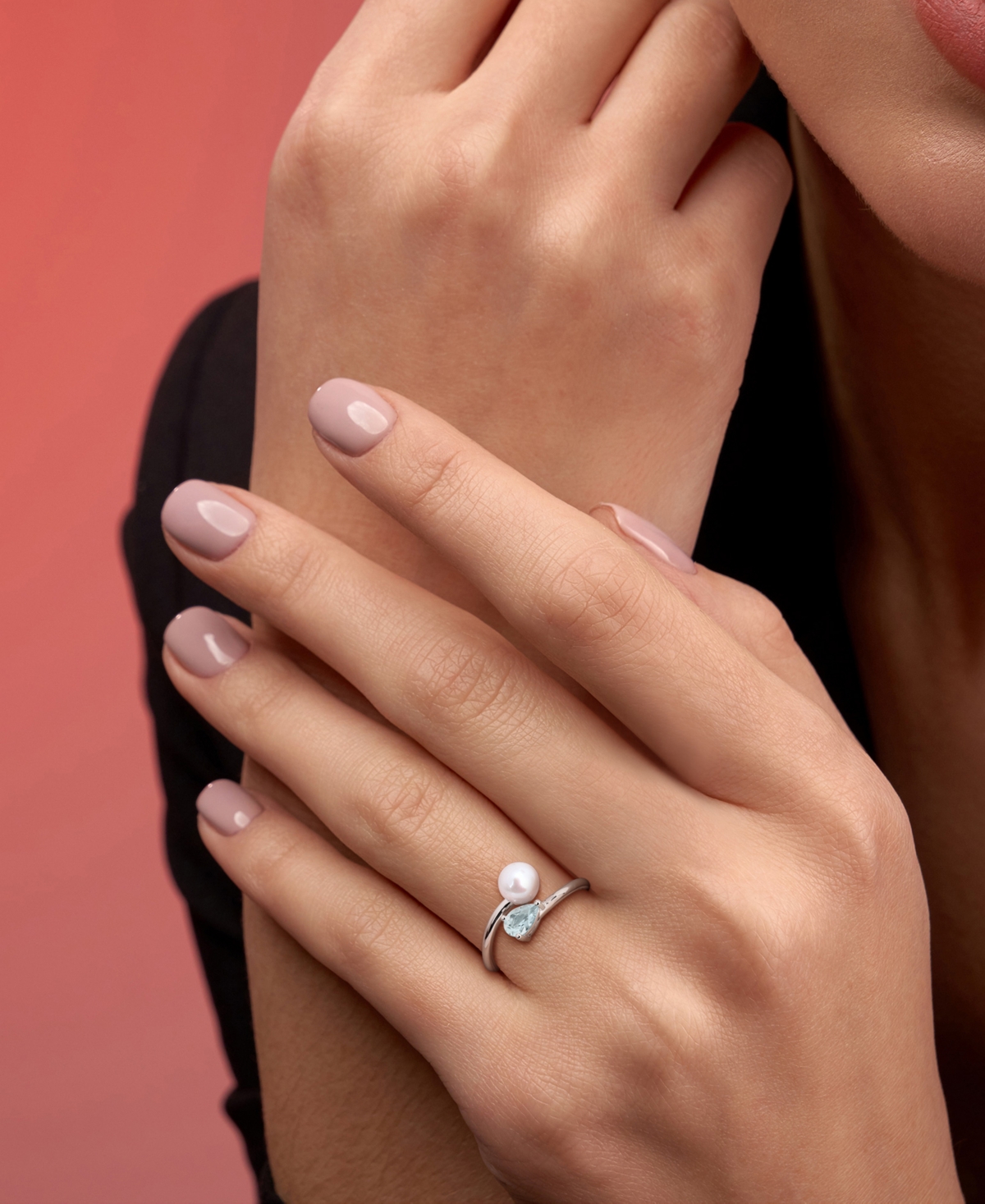 Macy's Cultured Freshwater Pearl (6mm) & Aquamarine (3/8 Ct. T.w.) Bypass Ring In Sterling Silver In Neutral