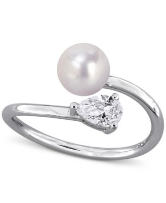 Macy's - Cultured Freshwater Pearl (6mm) & Lab Grown White Sapphire (5/8 ct. t.w.) Bypass Ring in Sterling Silver