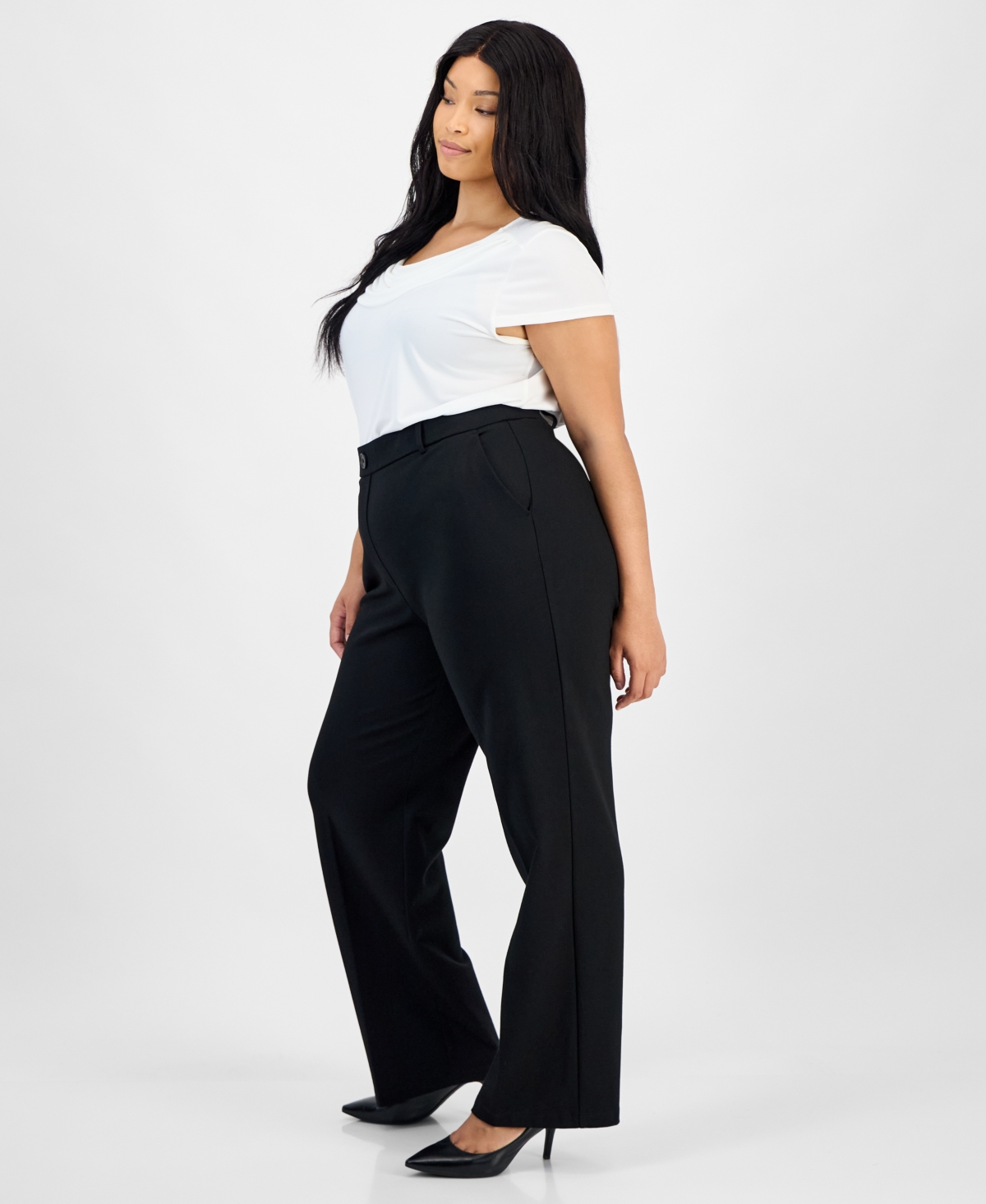 Kasper Plus Size High-rise Straight-leg Pants In Black