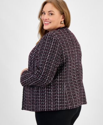 Plus Size Tweed Collarless Open-Front Jacket