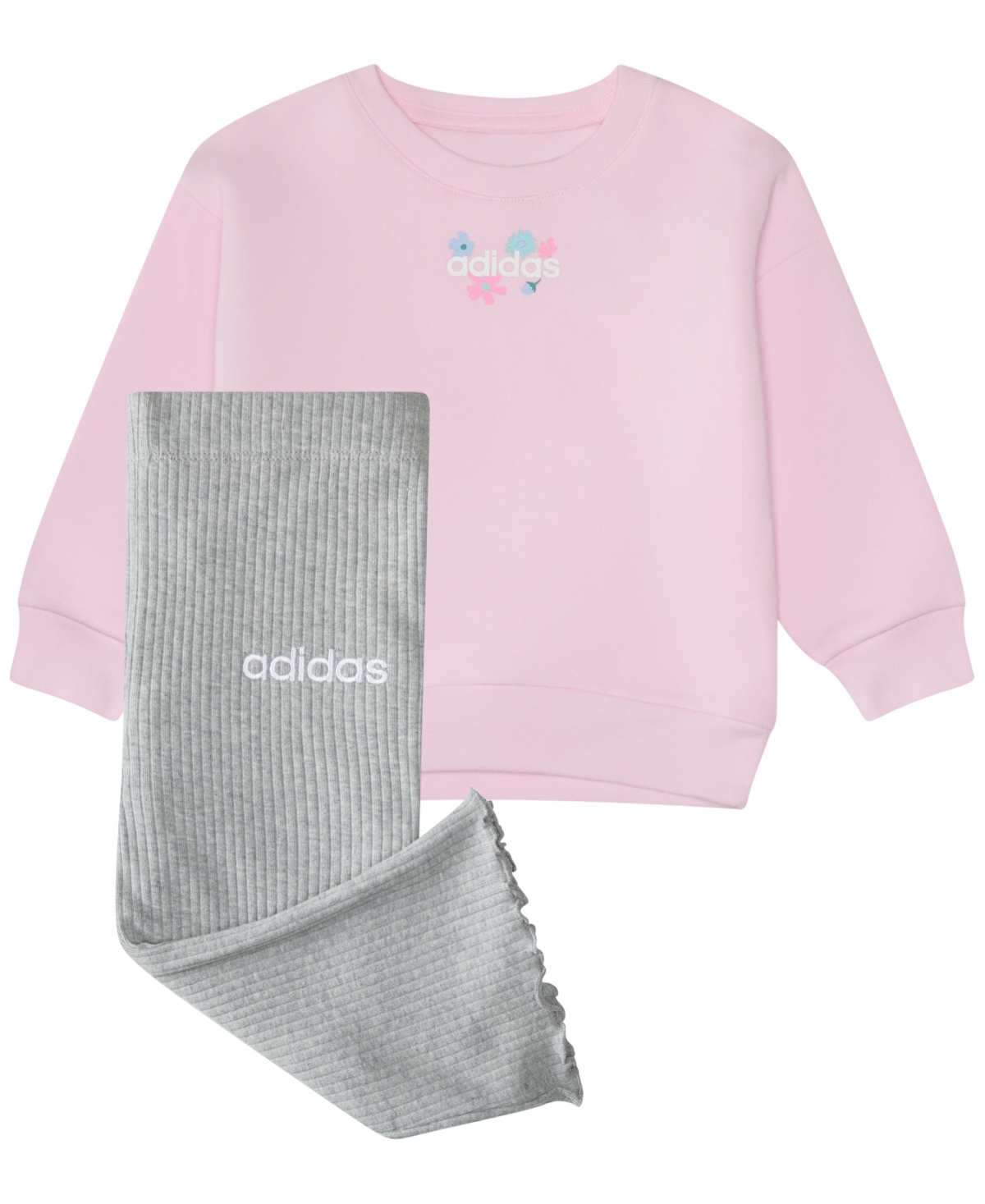 Adidas Originals Baby Girls 2-piece Fleece Pull-on Sweatshirt And Flare-leg Pants Set In Pink