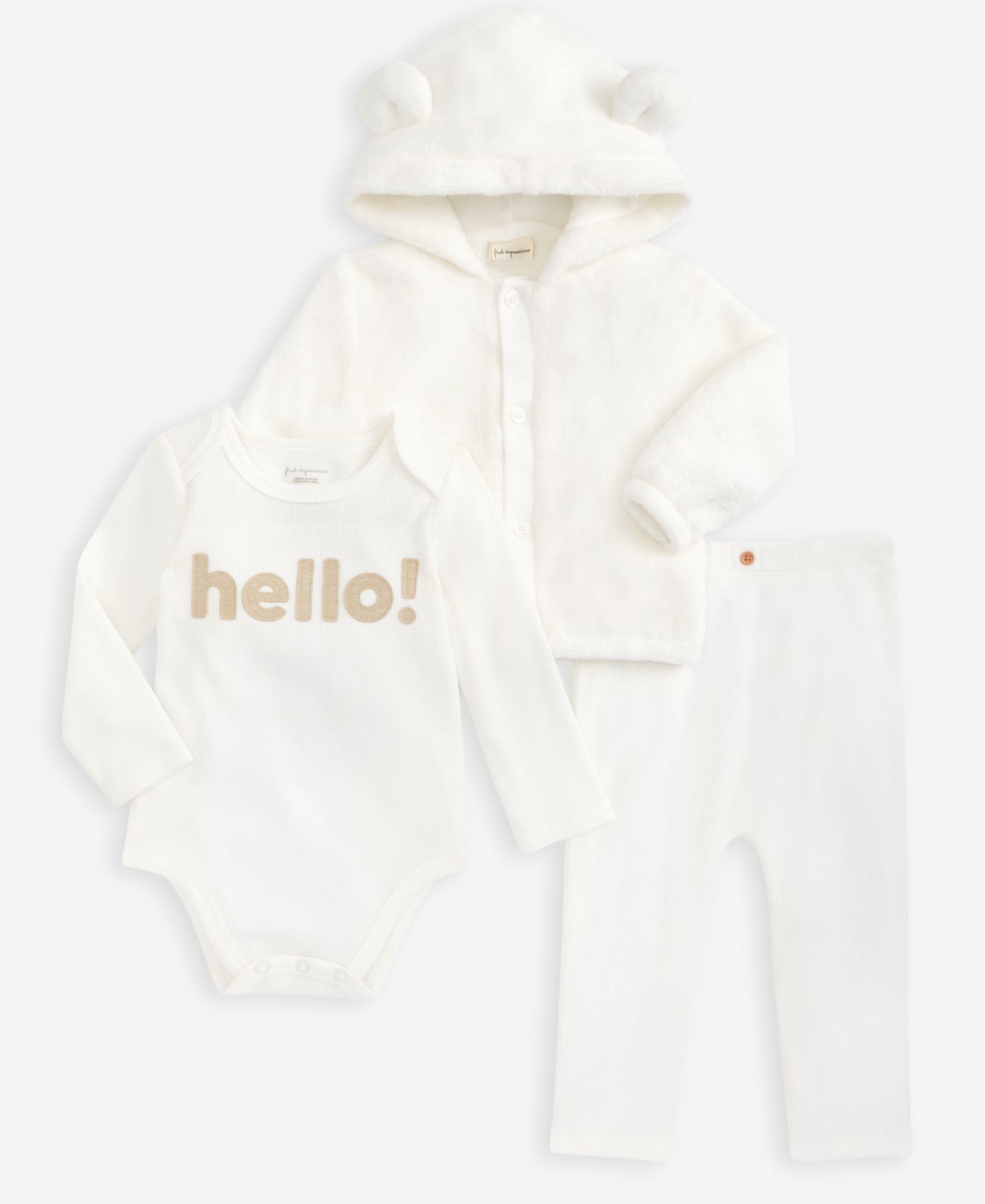 Комплекты First Impressions Everyday Baby Essentials Baby Hooded Faux-Sherpa Jacket, Hello Bodysuit and Brushed Rib Pants для девочек, цвет: Белый — фото 1