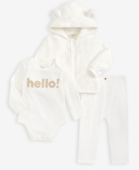 Комплекты First Impressions Everyday Baby Essentials Baby Hooded Faux-Sherpa Jacket, Hello Bodysuit and Brushed Rib Pants для девочек, цвет: Белый