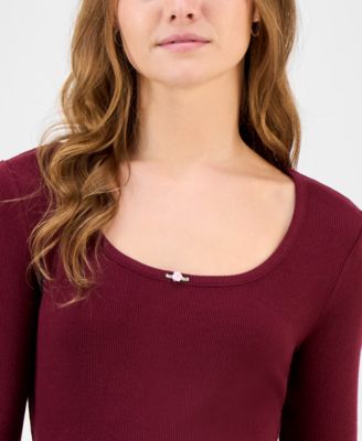Juniors' Ribbed Layered-Look Long-Sleeve with Rosette